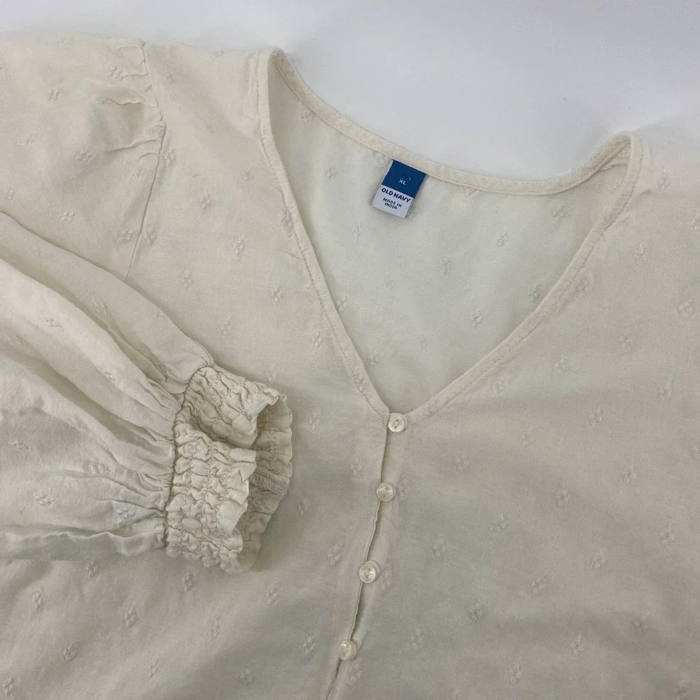 Old‎ Navy Blouse Womens XL Cream V-Neck Button Puff Sleeve Boho Top Victorian